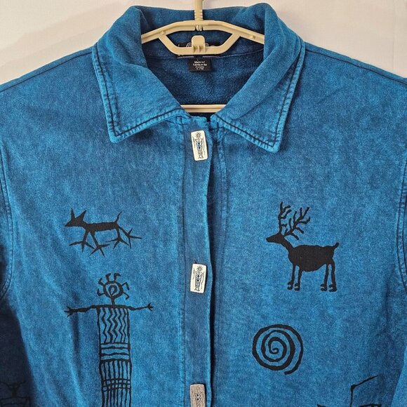 Bfofo Shacket Womens Large Sweatshirt Jacket Acid Wash Cave Art Tribal Southwest - Picture 3 of 10